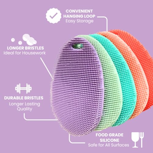 Image of Silicone Sponge Dish Scrubber - Food Grade Silicone Dish Scrubber and Housecleaning - BPA Free Silicone Kitchen Scrubber [5 Pack Ovals Spring]