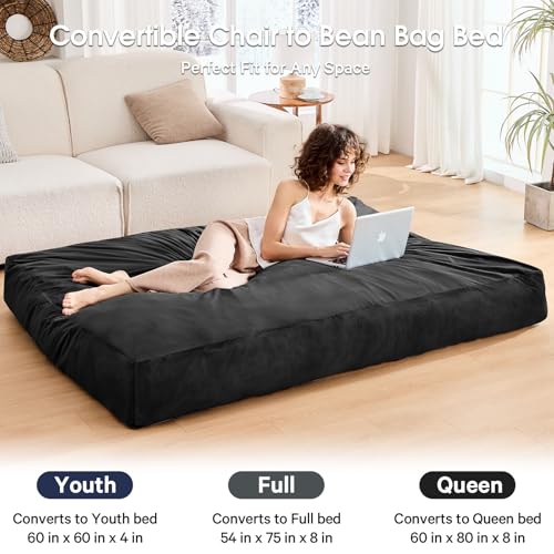 Bean Bag Chairs for Teens - Bean Bag Chair Convertible Bean Bag Bed - Small Beanbag Chair with Micro Fiber Cover/Furniture Foam Filler - Bean Bag Couch Sofa in Bedroom Dorm Room - Youth Carbon Black