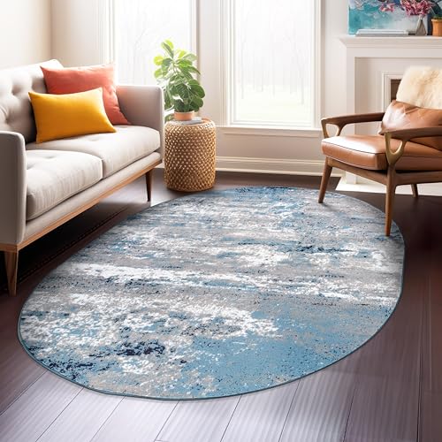 Tapete oval moderno abstracto azul 5'x7' Rugshop miniatura 1