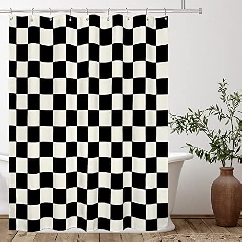 Tititex Aesthetic Checkerboard Grid Pattern Shower Curtain, Beige Black Modern Shower Curtain Sets Decoration 71x71 Inch with Hooks Cover