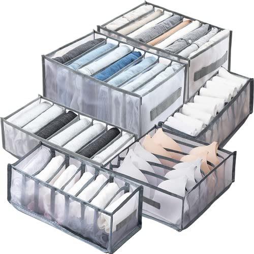 VINGER Wardrobe Clothes Organizer for Jeans, Upgraded Drawer Organizers for Clothing with Handle Foldable, Drawer Organizers Clothes for Family (6 Packs: Shirt+Jeans+T-Shirt+Bra+Underwear+Socks, Gray)