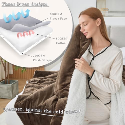 CHOSHOME Sherpa Fleece Blanket- Thick Warm Blanket for Winter, Soft Fuzzy Plush Blanket for Bed, Couch, Travel (Brown, Cal King 96" x 102")