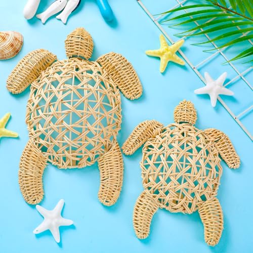 Yousoontic 2 Pcs Sea Turtle Wall Decor Handmade Wicker Wall Art 2 Size Boho Sea Turtle Beach Hanging Ornaments Rattan Coastal Nautical Sculpture for Boho Bedroom Bathroom Indoor Outdoor Home - Image 3
