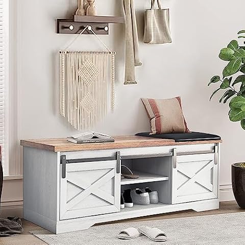 WESOME 47 inch Modern White Shoes Bench with Double Sliding Barn Door, Farmhouse Entryway Bench with Thickened Cushion, Shoe Storage Bench for Entryway, Hallway Cover