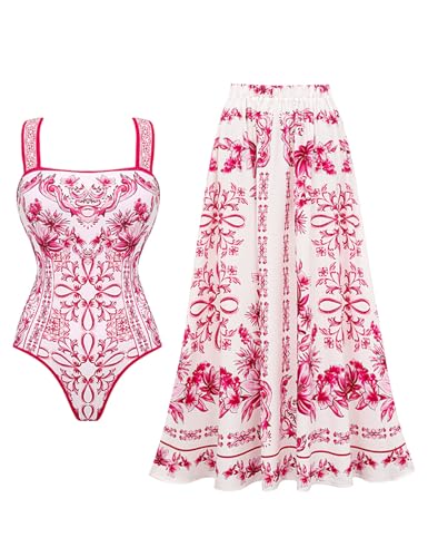 FLAXMAKER Lily and Majolica Series Intertwine Pattern Print Sling One Piece Swimsuit and Skirt