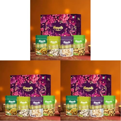Image of Happilo Premium Diwali Gift Pack with 10 Inclusions | Evil Eye Thread, Roli Chawal, Designer Plate, Mithai Candle, Pista, Almonds, Cashew, Raisins, Snack & Card, Dry Fruit ZEFA Gift Box (Pack of 3)