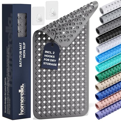 Bathtub Mat Non Slip 35x16 - homerella® Bath Mat Incl. Hooks for Drying, Extra Long, 100% BPA Free, Shower Mat Non Slip Anti Mold, Machine Washable, Shower Mats for Inside Shower Mildew Resistant
