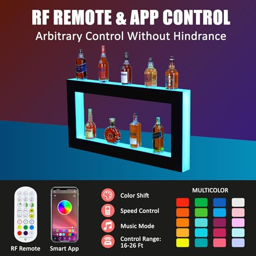 GarveeHome LED Lighted Liquor Bottle Display, 2 Tier 48-Inch LED Bar Display Rack with Remote & App Control, 16 Colors, 4 Modes, 1-8 H Timing, Acrylic Lighting Shelf for Home/Commercial Bars