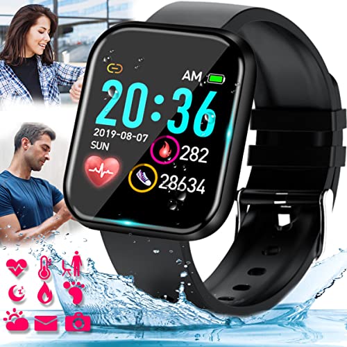 Pradory Smart Watch, Fitness Watch Activity Tracker with Blood Pressure Heart Rate Monitor IP67 Waterproof Bluetooth Smartwatch for iOS Phones Android,Touch Screen Sports Tracker Watch Men Women Black