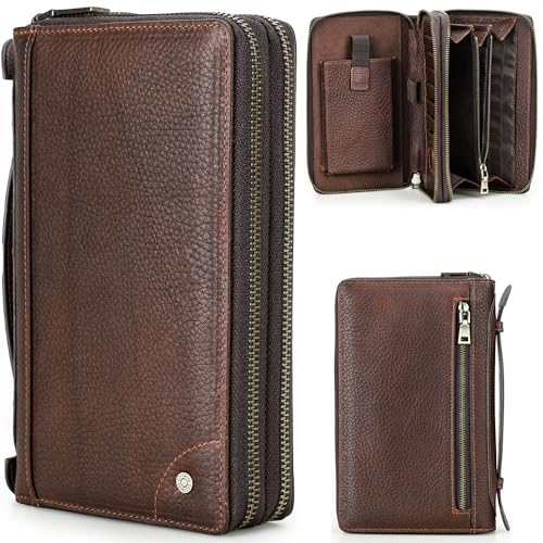 Top Grain Genuine Leather Zipper Clutch Wallet for Man & Woman, Handmade Vintage Design, Multi Slots & Side Pocket & Strap, RFID Large Capacity for Cards/Checks/Passports/Phone/Pen/AirTag, Red Coffee