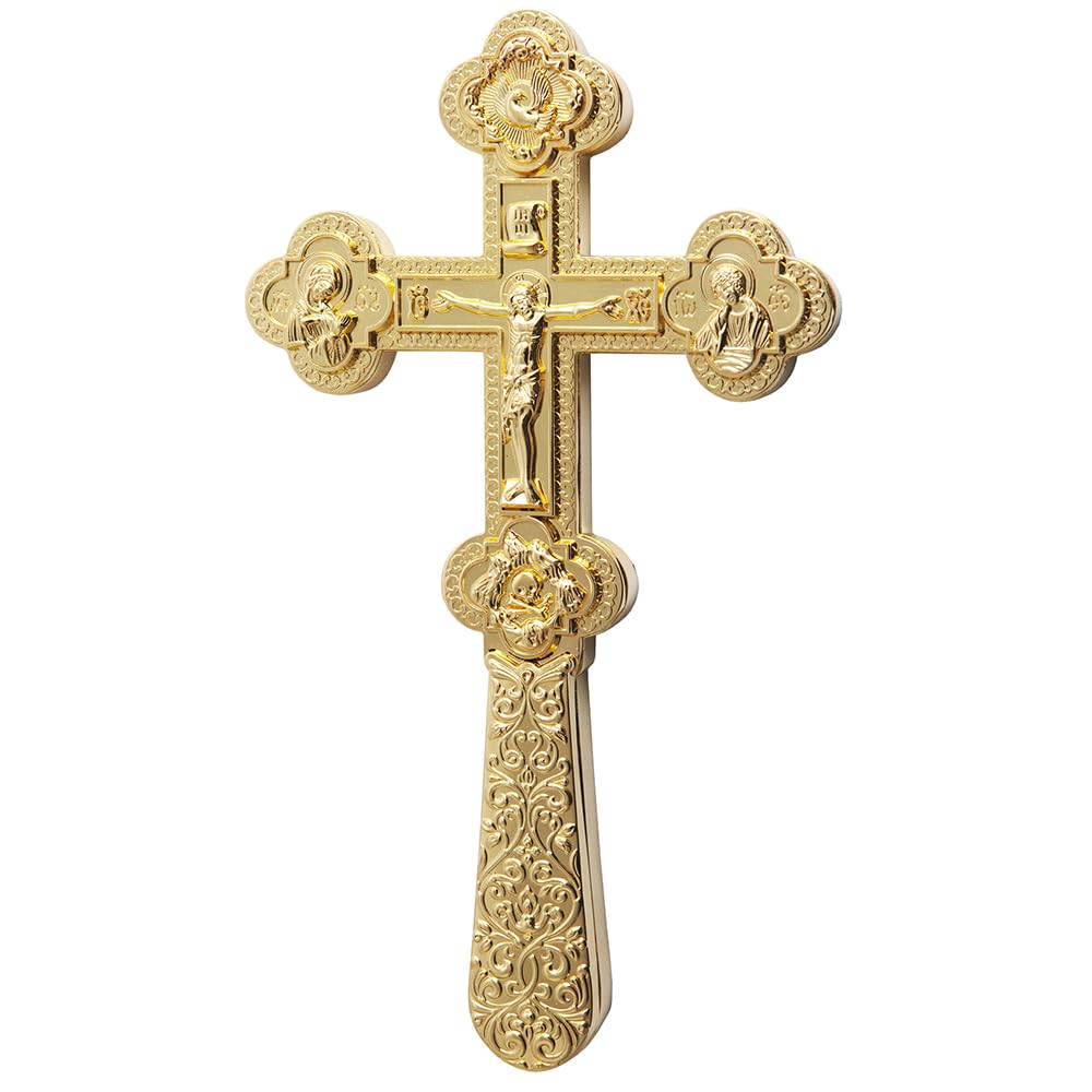RZRHMUHN Croix de bénédiction orthodoxe plaquée or, crucifix religieux de 21,6 cm avec icône en relief, croix liturgique orthodoxe orientale pour bénédiction du prêtre, autel d'église, dévotion à