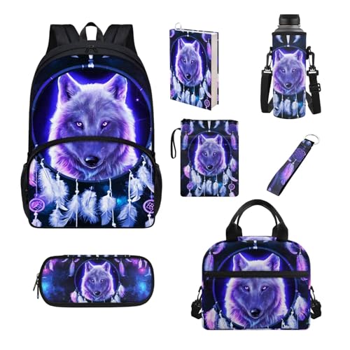 Set di 7 pezzi zaino per scuola elementare primaria sencondaria ragazze ragazzi bookbag borsa pranzo astuccio Acchiappasogni con lupo Taglia unica Set di zaini per la