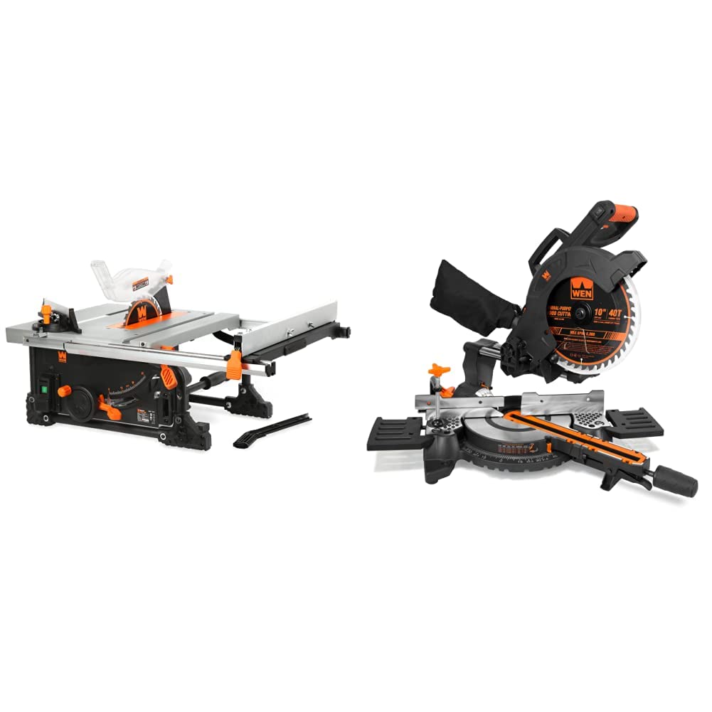 WEN TT0811 11-Amp 8.25-Inch Compact Benchtop Jobsite Table Saw, Black & MM1011T 15-Amp 10-Inch Single Bevel Compact Sliding Compound Miter Saw with Laser, Black