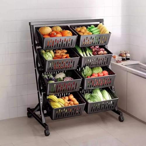 JYHHCYS Commercial 4 Tier Rolling Storage Cart - Supermarket Display Rack with 360° Rolling Wheels - Mobile Vegetable Storage Rack for Kitchen, Bedroom, Office - Easy Assembly(Black)