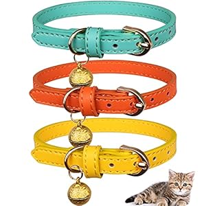 3 Pack Leather Cat Collars with Bells Soft Pet Safety Collar Kitten Collars with Bell Orange Yellow Mint Green(XS)