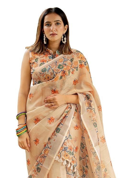 Image of RAJESHWAR FASHION WITH RF Soft Linan Cotton Summer collection rose digital print Traditional look saree beige