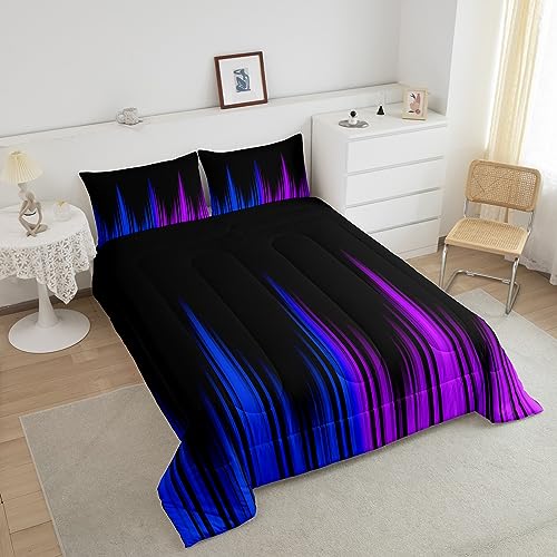 Image of Feelyou Ombre Comforter Full, Ombre Striped Comforter Blue Purple and Black Comforter Set for Kids Boys Girls Geometrics Lines Duvet Set with 2 Pillow Case