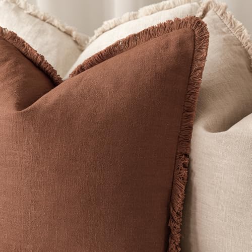 Image of Foindtower Set of 2 Decorative Linen Fringe Throw Pillow Covers Farmhouse Cushion Cover with Tassels Soft Accent Pillowcase for Couch Chair Sofa Bed Living Room Home Decor,18x18 Inch,Fall Rust Orange