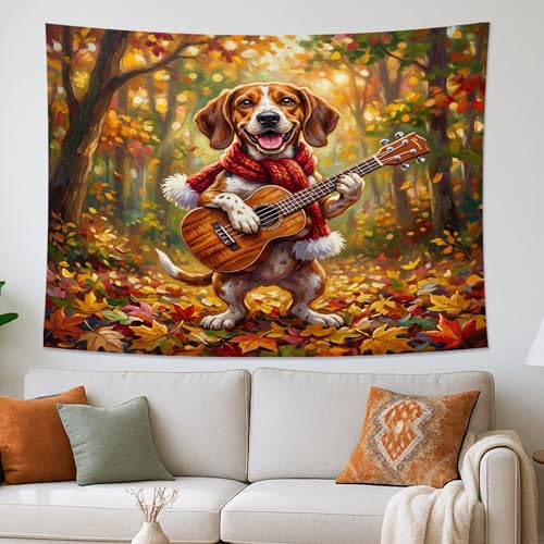 Arazzo autunnale con cane, beagle felice che gioca a ukulele, foglie autunnali colorate, da appendere alla parete, decorazione per la casa per soggiorno, camera da letto, arazzo estetico, 203 x 152 cm