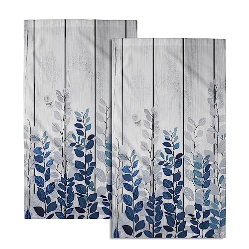Blue Eucalyptus Leaves Hand Towels Set of 2 Rustic Wood Soft Guest Bath Towel Kitchen Dish Towels Spa Home Bathroom Decorations