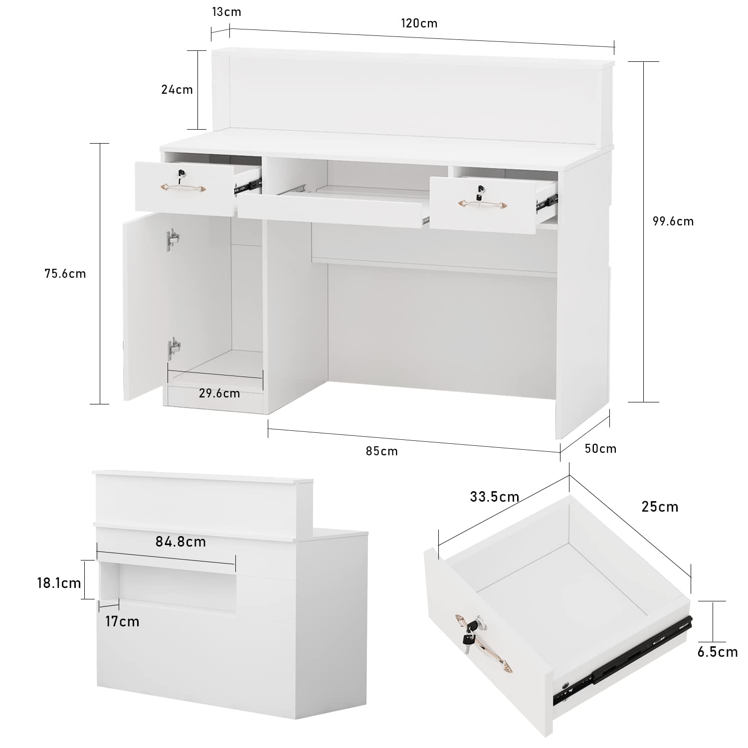 PREMTURE Banco reception con cassetti, per ufficio, sale aziendali, hotel, negozi di abbigliamento, pasticcerie, frutterie 50 P x 120 L x100 H cm