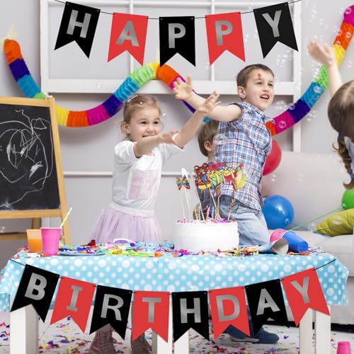 Image of Hooqict Happy Birthday Banner Red Silver Black Happy Birthday Decorations for Kids Men Women Black Party Banner Decorations Supplies Wall Door Garland Sign Bunting Flag