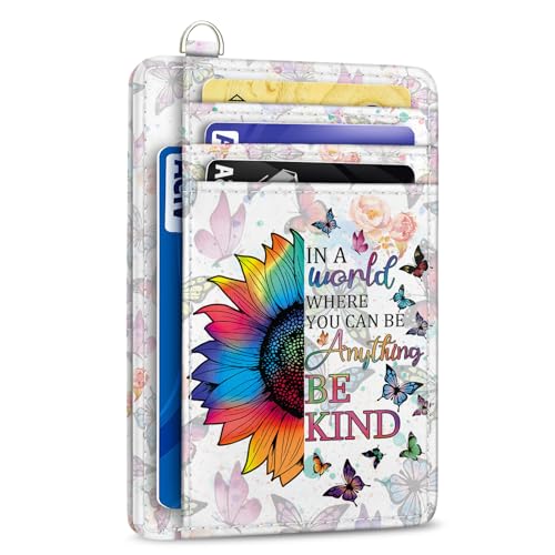 Credit Card Holder Slim Wallet, Be Kind Sunflower RFID Wallet Women Front Pocket Small Card Holder Travel Funny Cute Thin Card Case ID Window PU Leather RFID Blocking Card Organizer Gift