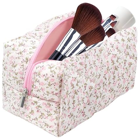 dark swan Cotton Quilted Makeup Bag, Cute Pouch Toiletry Bag Cosmetic Bag Quilted Floral Organizer Bag Travel Coquette Aesthetic Portable Storage Zipper Purse for Women (Pink) Cover