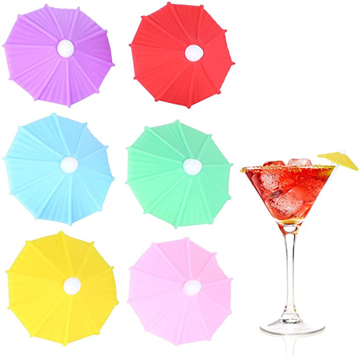 6 Pack Umbrella Drink Markers, Wine Glass Charms, Charms Markers Tags Identification, Silicone Drink Glass Markers, for Summer Hawaiian Cupcake Toppers Umbrella Sticks, Tropical Wedding Party Decor