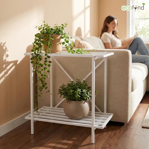 Image of ecofynd Eric Plant Stands for Outdoor Balcony, Flower Pot Stand for Indoor Plants, Large Metal Planter Stand for Living Room, home decor, Indoor & Outdoor plants, 2 Tier, (26 Inch, PS050-WHT)