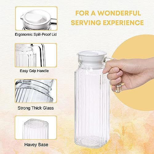 HOMESHOPA Glass Water Jug with Lid, 2 Pack 1.1L Water Pitcher Glass Carafe Jug for Juice, Ice Tea, Coffee, Milk & Beverage, Transparent Ribbed Fridge Door Water Jug with Spout and Handle - Image 4