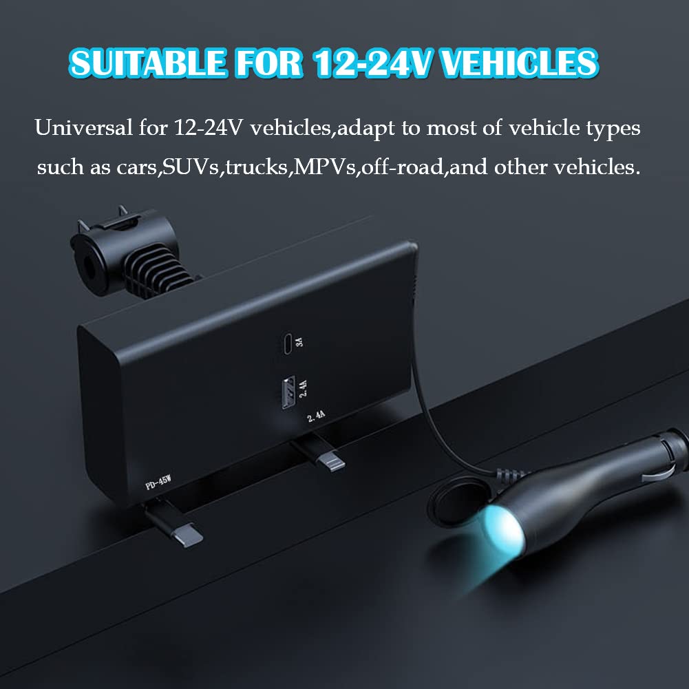 Caja de estación de carga retráctil para asiento trasero de coche, cargador de coche 2 en 1, adaptador de cargador de coche máximo de 65 W para carga de asiento delantero y trasero, base de
