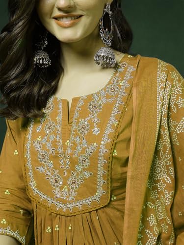 Image of PARTHVI Women's 100% Pure Cotton Anarkali Kurta Set with Pant & Dupatta | Embroidered Flared Kurta | Elegant Ethnic Suit
