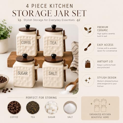 Image of The Deluxe Creations Ceramic Tea Coffee Sugar Salt Jars Set with Wooden Lid & Spoon | Premium Kitchen Storage Canisters | Airtight Containers | 500 ML Each | Set of 4