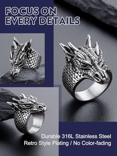 Image of Bandmax Mens Dragon Ring Size 10 Retro Style Stainless Steel Biker Rings for Men Big Animal Ring Chunky Punk Thumb Ring for Boyfriend Husband