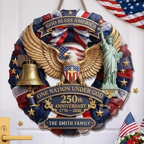 250th Anniversary 1776-2026 Wooden Wreath Sign Personalized Patriotic Door Hanger 250 Years of America Decor Custom Independence Day Wall Sign