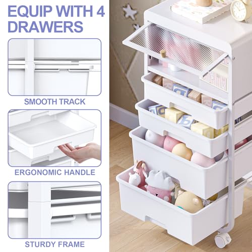 Image of SYKIARIOL 4 Drawers Rolling Storage Drawer Craft Organizers Bookshelf Cart with Dust-Proof Door for Kids Playroom,Bedroom,Home Office, White