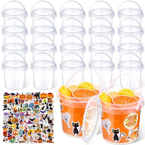 Sliner 20 Pcs 34 oz Halloween Candy Bucket Small Halloween Pail 100 Horror Stickers Halloween Cocktail Rum Buckets with Lid and Handle for Halloween Candy Drinks Food Container