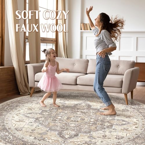 Round Rug Living Room Rugs: 8Ft Washable Boho Neutral Large Circle Soft Indoor Floral Stain Resistant Floor Farmhouse Carpet for Bedroom Nursery Kids Playroom Office Dining Room Dorm Home- Beige Brown