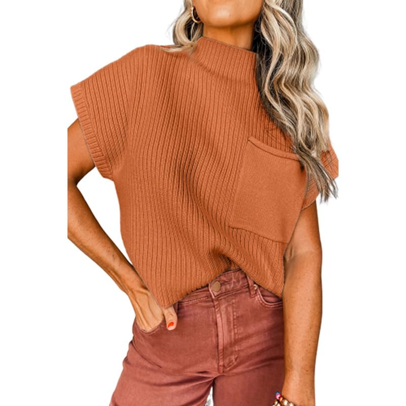 Womens Short Sleeve Sweater Crochet Ribbed Knit Cap Sleeve Casual Soft Pullover Shirt