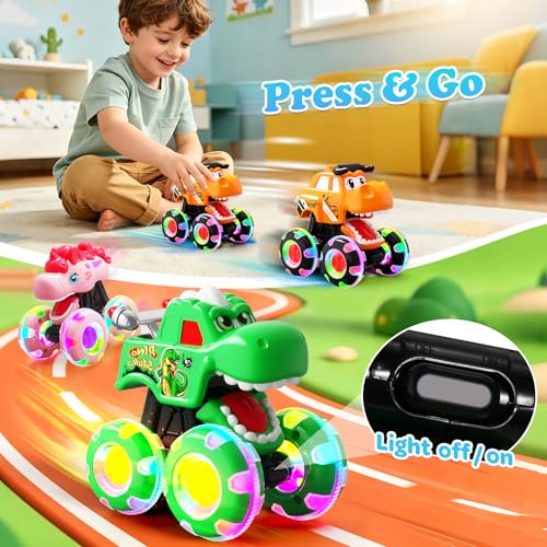 Image of 3 Pack Monster Truck Toys for Toddlers 1-3, Press & Go Cars with Flashing LED Wheels & Moving Mouth, Dinosaur Cars for 2 3 4 One Two Year Old Boy Birthday Gifts