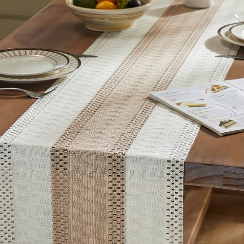 Image of ZeeMart Macrame Style Bicolor Stitching Table Runner, 14 x 60 Inch Taupe /Ivory, Boho Beige Table Runners 60 Inches Long, Farmhouse Woven Home Decor