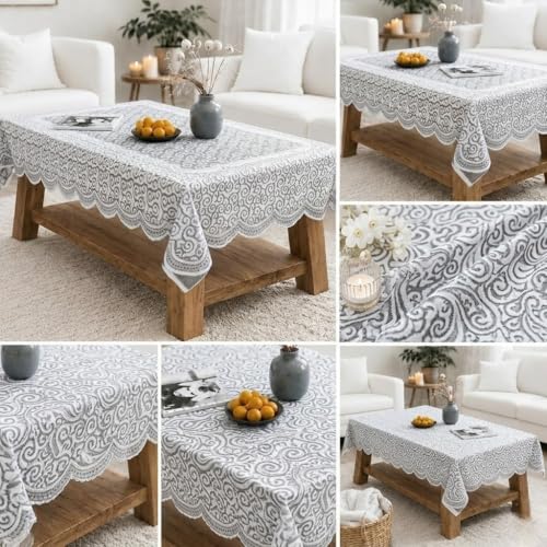 Image of Cotton Net Embroidered Center & Dining Table Cover for 4 Seater | Rectangular 40x60 Inch | Lightweight & Washable Table Cloth | Pack of 1 (White)