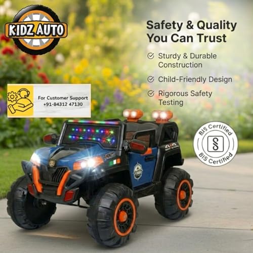 Image of KAB J 2188 Rechargeable Battery Operated Jeep for Kids with Remote Control | Electric Ride-On Toy Car with Music, Decorative Lights, Openable Doors, Suspension & Bonnet Lighting | Blue