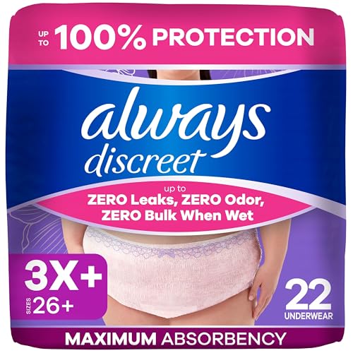 Image of Always Discreet Reimagined Adult Diapers for Women, Maximum Absorbency Incontinence and Postpartum Underwear Size 3X+, Up to 100% Leak Free Bladder Leak Protection, 22 Count