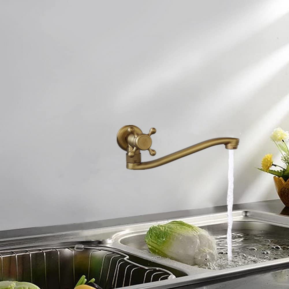 Rubinetto a Parete Acqua Fredda Ottone Anticato, Canna Piatta | Vintage ubinetto monocomando a muro, girevole 180 °, cartuccia ceramica, per giardino esterni lavabo lavandino cucina bagno