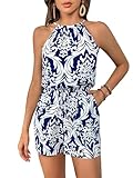 SweatyRocks Women's Allover Print Sleeveless Halter Jumpsuit High Waist Cami Romper with Pocket Blue and White Small