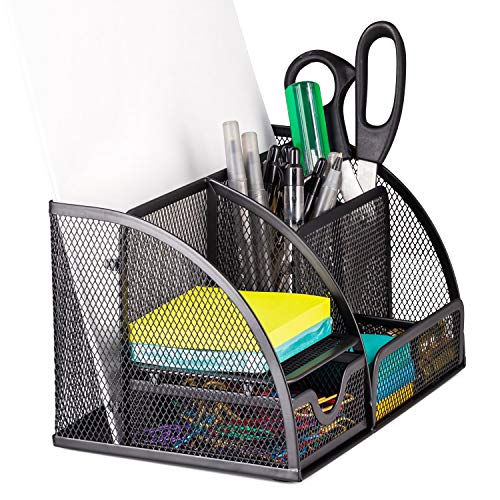Image of Mesh Desk Organizer Office Supplies Caddy Steel Mesh Desk Organizer Supply Caddy with 6 Compartments And 1 Drawer - Black