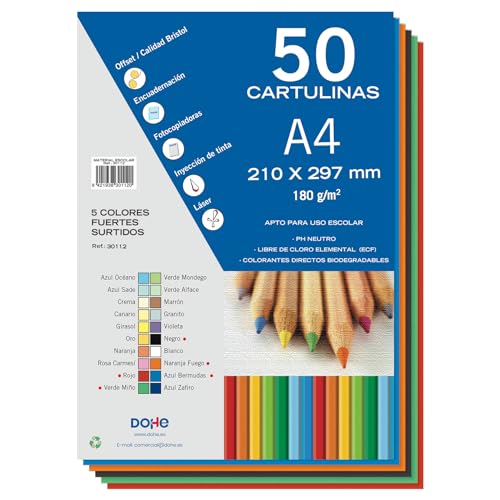 Dohe - Cartulinas A4 Colores Fuertes para Manualidades e Impresión (50 uds.) - 21x29,7 cm - 180 g/m² - Material de oficina