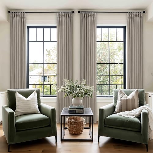 Image of 102 Inch Long Curtains Pinch Pleat Flax Linen Curtains Living Room Taupe | Bedroom, Light Filtering, Privacy, Neutral, Pleated Drapes, Hooks Rings, Back Tab, Grey Beige, Ceiling Window, Sliding Door